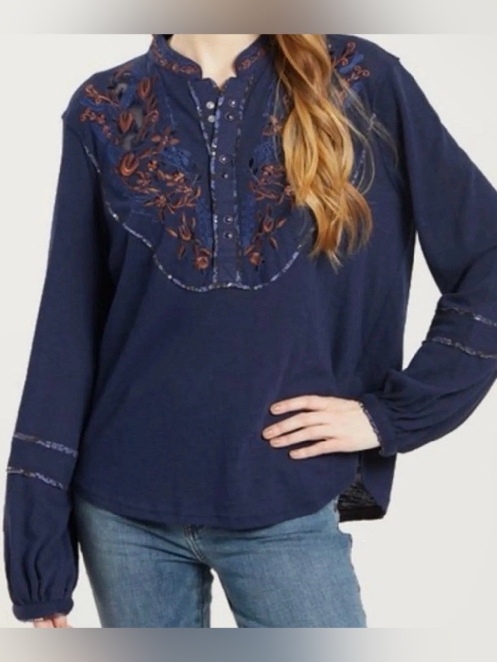 Free People Navy Long Sleeve Embroidered Peasant Top